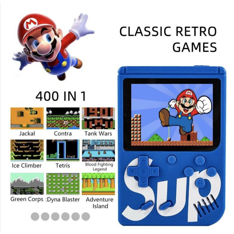 Arte promocional com o console azul e uma grade de nove capturas de jogos clássicos