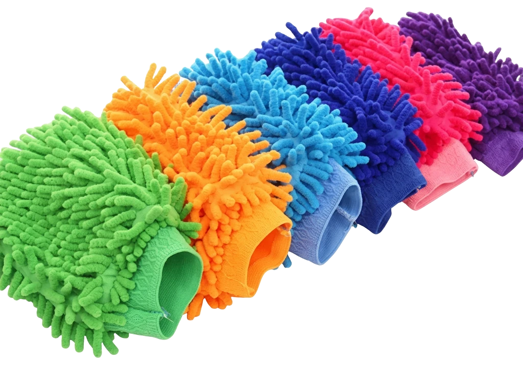 Luvas de microfibra em seis cores: verde, laranja, azul-claro, azul-escuro, rosa e roxo