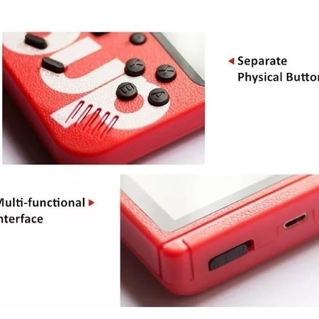 Detalhes em close do console vermelho: botões, grade do alto-falante, chave liga/desliga e porta de carregamento