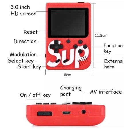 Arte técnica do console com as medidas 11,5 cm de altura e 8 cm de largura e a indicação da tela de 3 polegadas